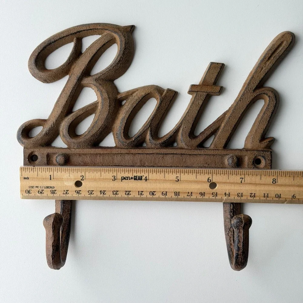 Vintage Cast Iron Bath Wall Hook Rack Rustic Towel Hanger Sign Farmhouse